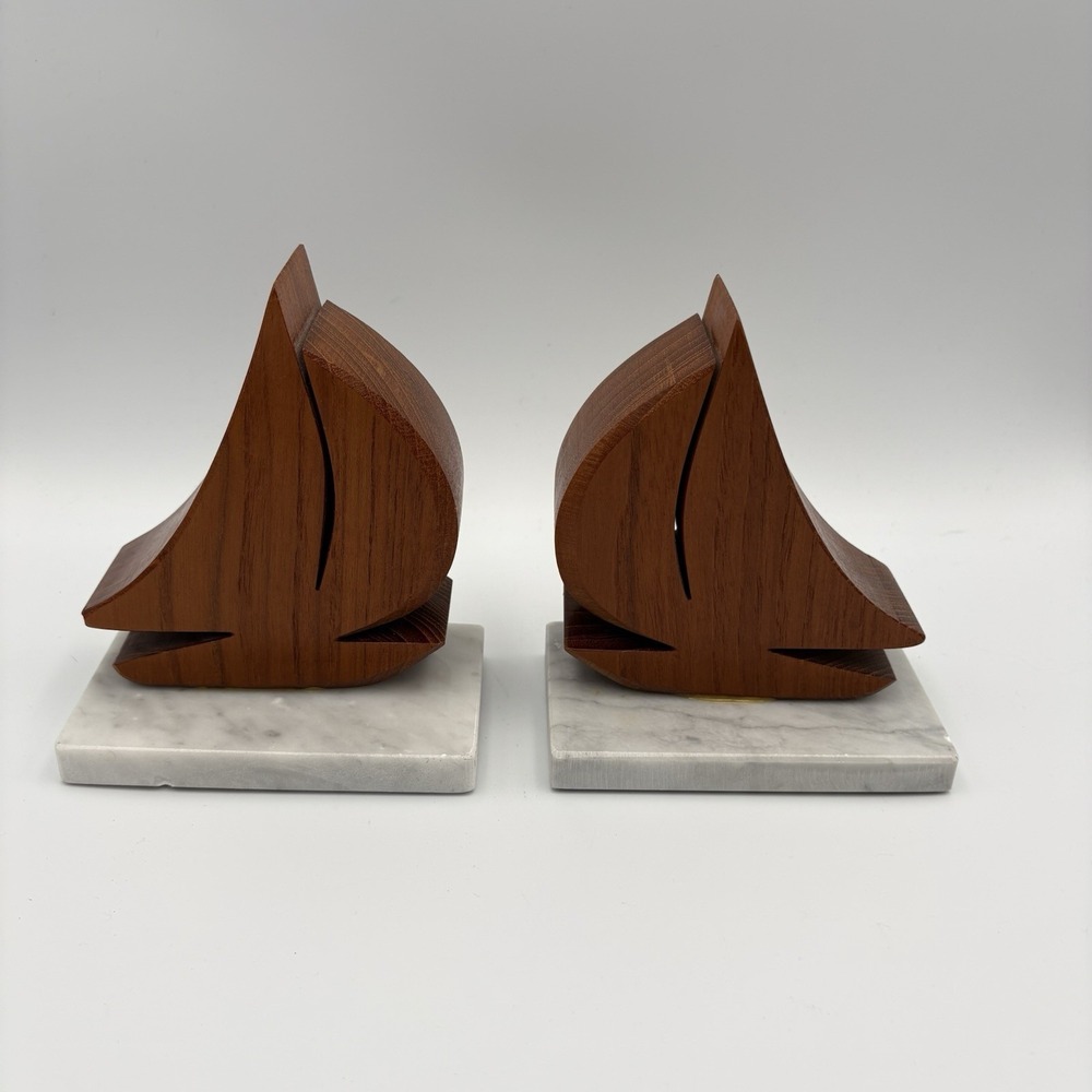 Teak Wood Sailboat Desk Sculptures Bookends Pair Of Two Vintage Marble Base MCM